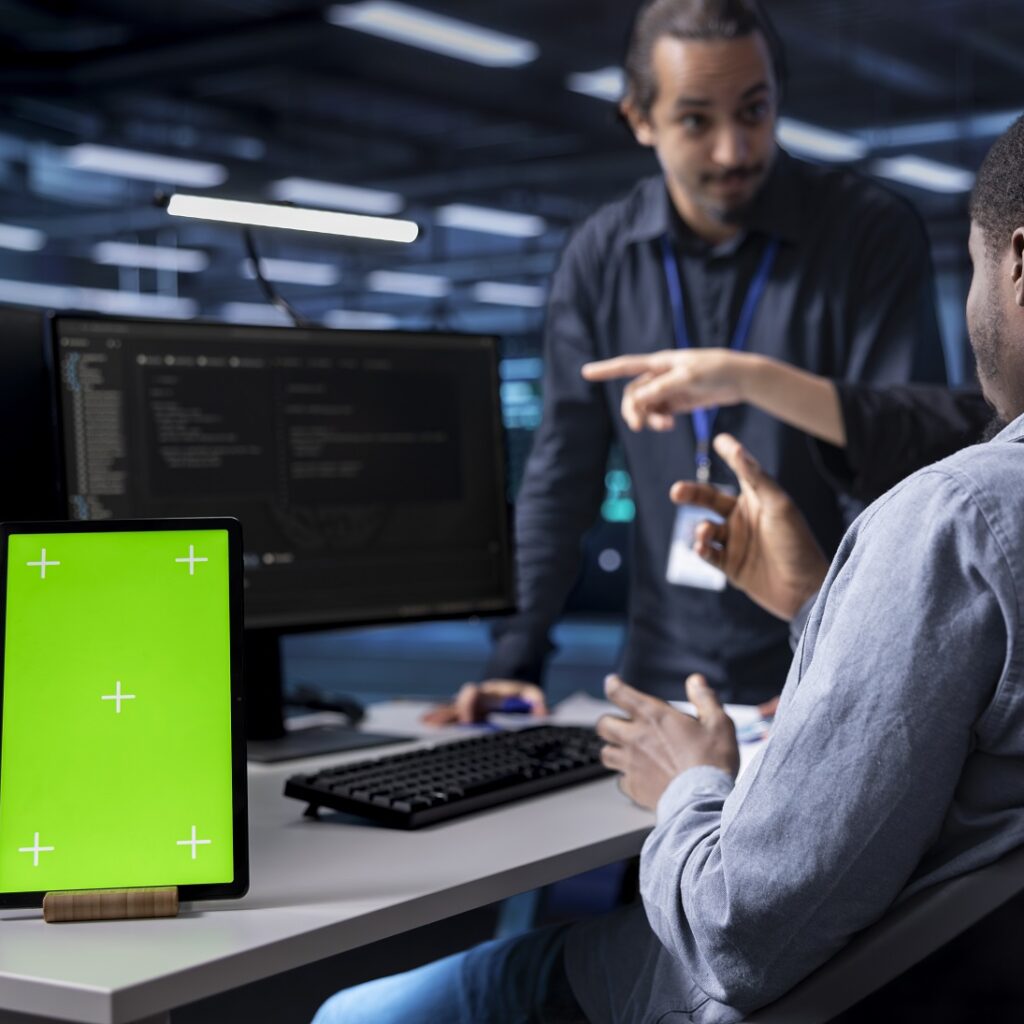 Multiethnic team using green screen tablet to over MVKF9J9.jpg